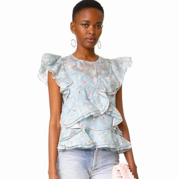 Rebecca Tayler Serra Floral Organza Ruffle Top Light Blue Silk Pattern - Picture 8 of 14